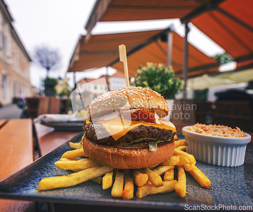 Image of Fresh cheeseburger with meat patty, cheese, sauce and salad