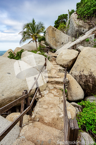 Image of Trail to most beautiful Caribbean beach, Playa Arenilla in Tayrona National Park, Colombia
