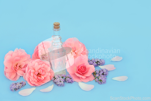Image of Rosewater for Skincare with Rose and Lavender Flowers