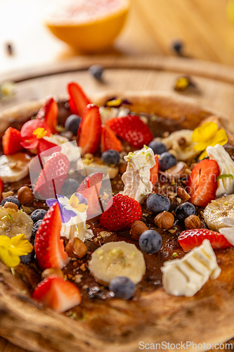 Image of Close-up of a delicious dessert pizza