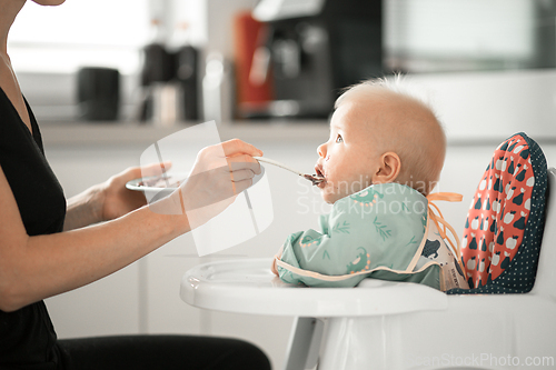Image of Mother spoon feeding her baby boy child in baby chair with fruit puree in kitchen at home. Baby solid food introduction concept.