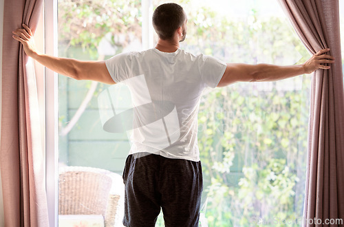 Image of Open curtains, home and back of man, morning and start the day with sunshine and fresh in bedroom. Rear view, person and guy with window and awake with drapes and light with guest house and vacation