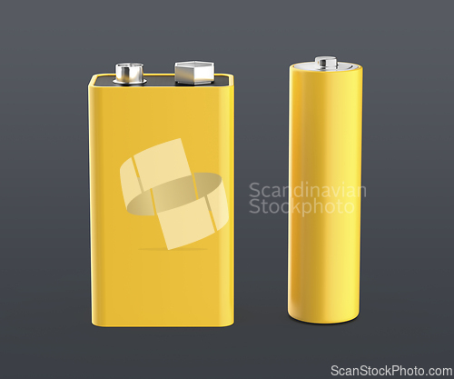 Image of Yellow nine volt and AA size batteries
