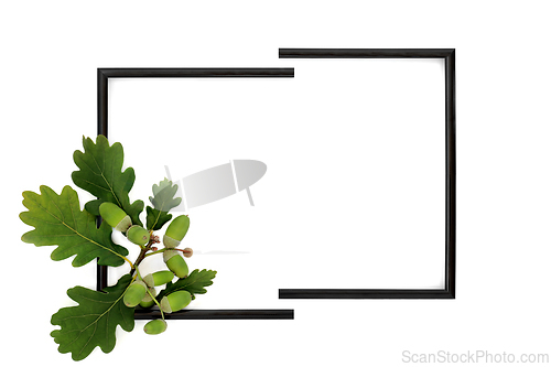 Image of Abstract Green Oak Leaf and Acorn Background Border Frame