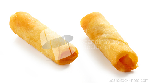 Image of two springrolls on white background