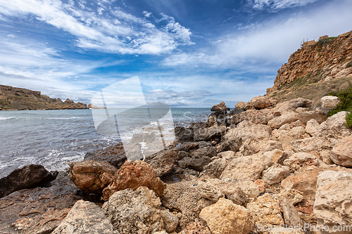 Image of Golden Bay and beach (Ghajn Tuffieha) with turquoise, azure sea. Malta