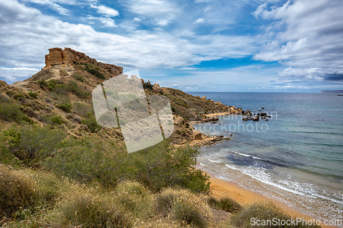 Image of Golden Bay and beach (Ghajn Tuffieha) with turquoise, azure sea. Malta