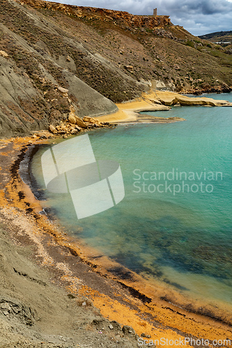 Image of Ghajn Tuffieha Bay and Qarraba Bay with red sand. Malta