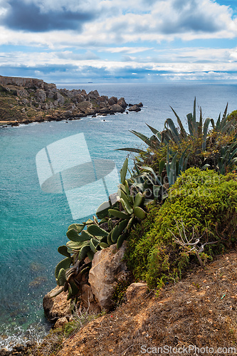 Image of Golden Bay and beach (Ghajn Tuffieha) with turquoise, azure sea. Malta