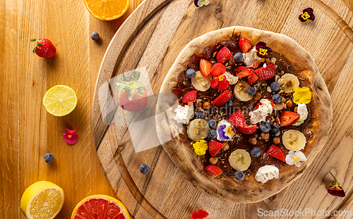 Image of Overhead view of a sweet dessert pizza