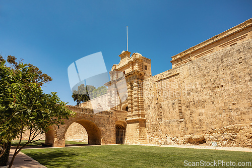 Image of Entrance bridge and gate to Mdina, Malta.