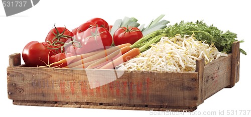 Image of Crate tomatous and other vegetables