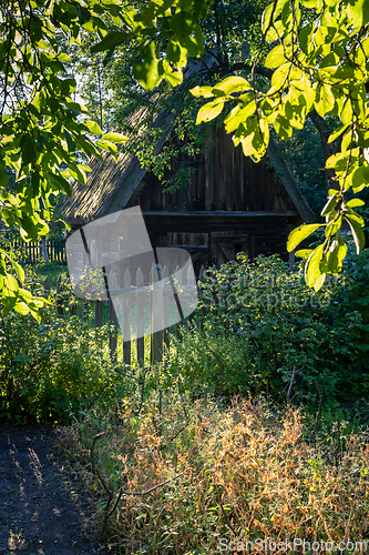 Image of An old wooden cottage in the morning sun