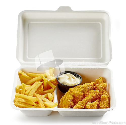 Image of french fries and chicken