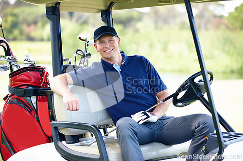 Image of Man, golf cart and portrait for sports, fitness and exercise for hobby in summer outdoor. Golfer or happy person with equipment for adventure on field for training, activity and game on vacation