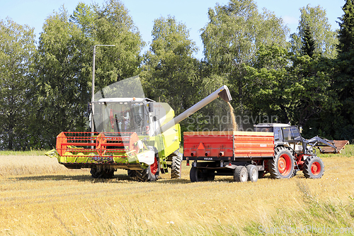 Image of Combine Harvester Unloading Harvested Oat onto Agrocultural Trai