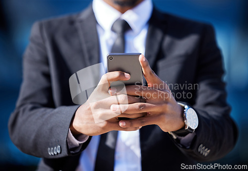 Image of Hands, business and man with cellphone, typing and internet with lawyer, digital app or social media. Person, legal aid or attorney with smartphone, online schedule or message with email or texting