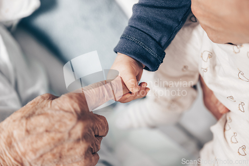 Image of Circle of life. Little baby boy child hand holding great grandmother wrinkled finger. Intergenerational help and solidarity concept