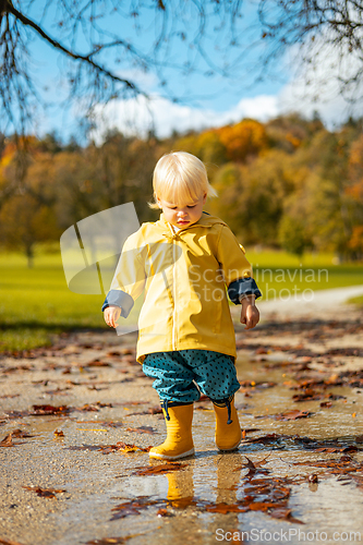 Image of Sun always shines after the rain. Small bond infant boy wearing yellow rubber boots and yellow waterproof raincoat walking in puddles in city park on sunny rainy day.
