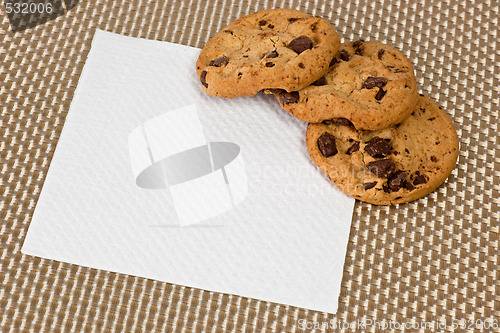 Image of Chocolated chip cookies on a napkin