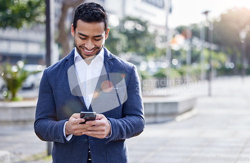 Image of Cellphone, businessman and texting in city, outside and communication for corporate employee. Smile, conversation and virtual for male person in New York, lawyer firm and scrolling on social media