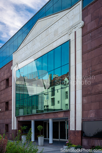 Image of Modern brick building with large glass window