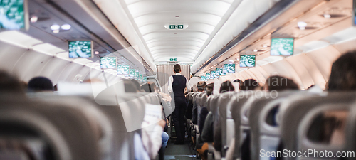 Image of Interior of airplane with passengers on seats and stewardess in uniform walking the aisle, serving people. Commercial economy flight service concept.