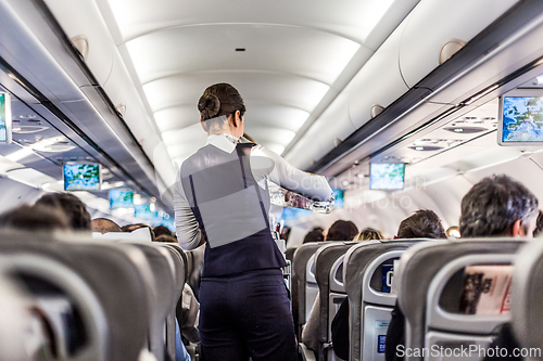 Image of Interior of airplane with passengers on seats and stewardess in uniform walking the aisle, serving people. Commercial economy flight service concept.