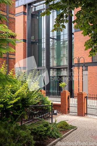 Image of Modern brick building with large glass window