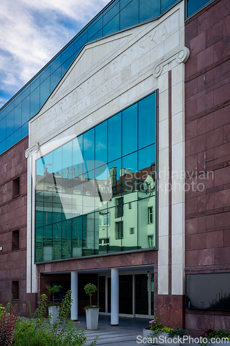 Image of Modern brick building with large glass window