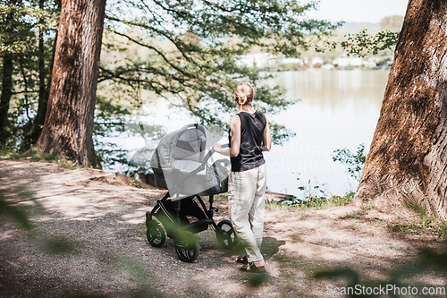 Image of A woman strolling by the lake with a wheeling baby carriage amidst nature