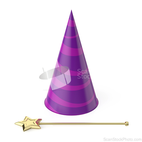 Image of Golden magic wand and a cone hat