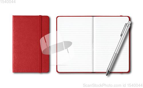 Image of Dark red closed and open notebooks with a pen isolated on white