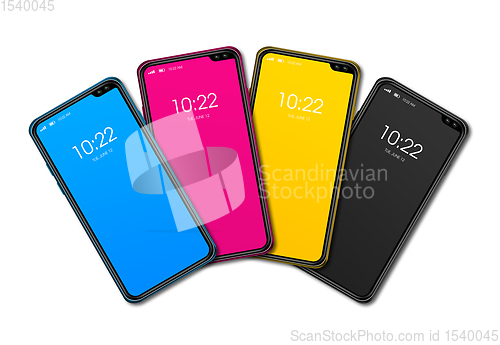 Image of CMYK smartphone set isolated on white Background. 3D render