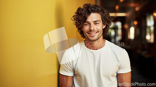 Image of Confident Young Man Smiling in Casual White T-Shirt