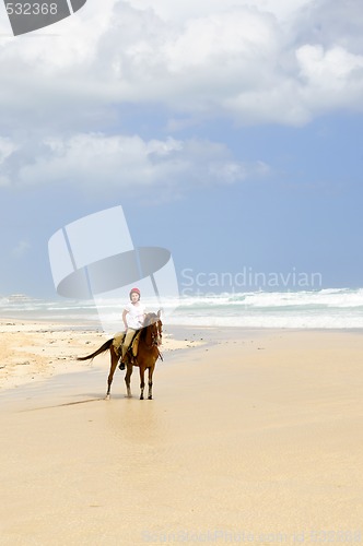 Image of Girl riding horse on beach