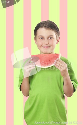 Image of Child with Slice of Watermelon Fruit