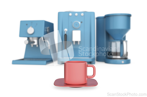 Image of Coffee cup in front of coffee machines