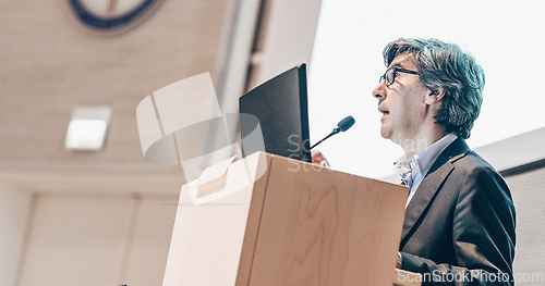 Image of Speaker giving talk on podium at Business Conference.