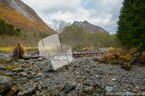Image of Scenic view of a dry riverbed surrounded by autumn foliage in a 