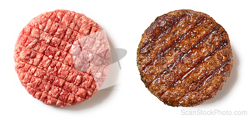Image of raw and grilled burger meat patties
