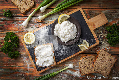 Image of Rye bread sandwich with white fish roe spread