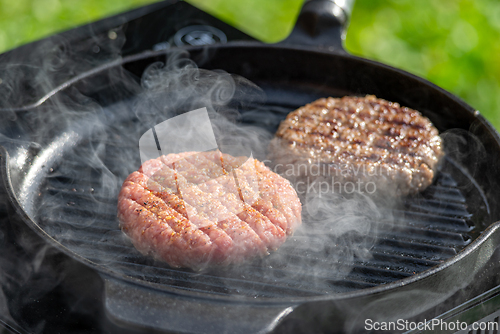 Image of burger meat on grill pan