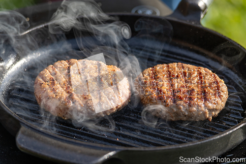 Image of burger meat on grill pan
