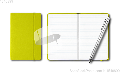 Image of Lime green closed and open notebooks with a pen isolated on whit