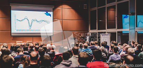 Image of Business speaker giving a talk in conference hall.