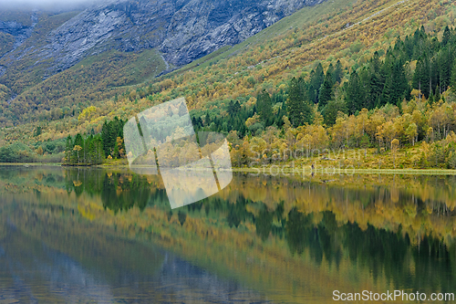 Image of Serene autumn landscape with colorful foliage reflecting on a ca