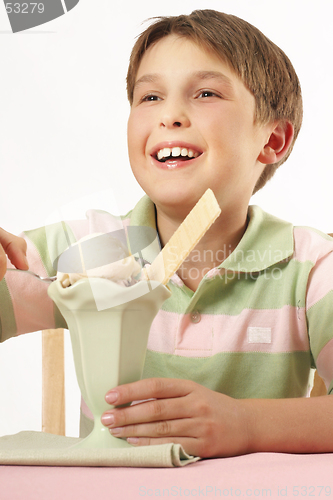 Image of Smiling boy with an ice cream desert