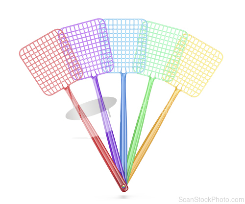 Image of Five colorful plastic fly swatters