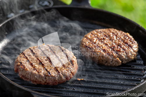 Image of burger meat on grill pan